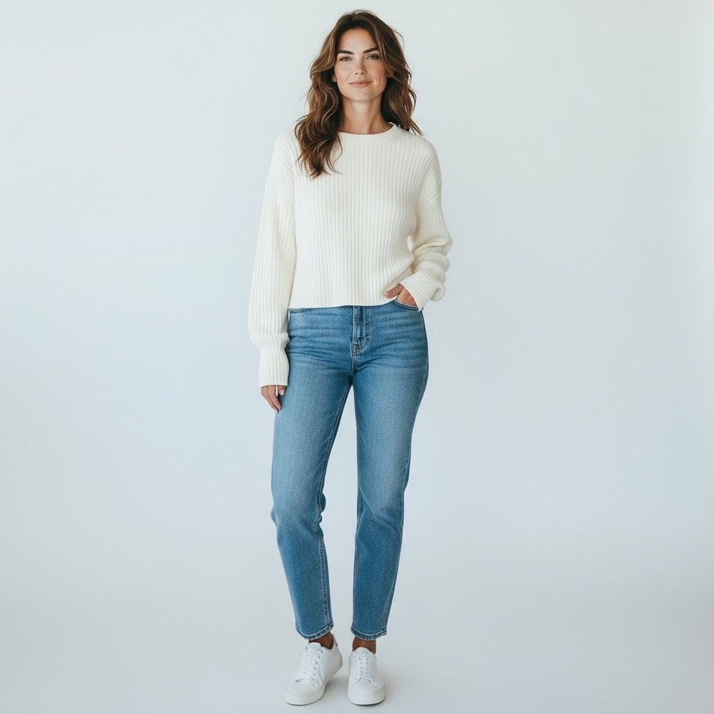 Lulus Womens Ribbed Cropped Knit Sweater Cream White Long Sleeve Size L
